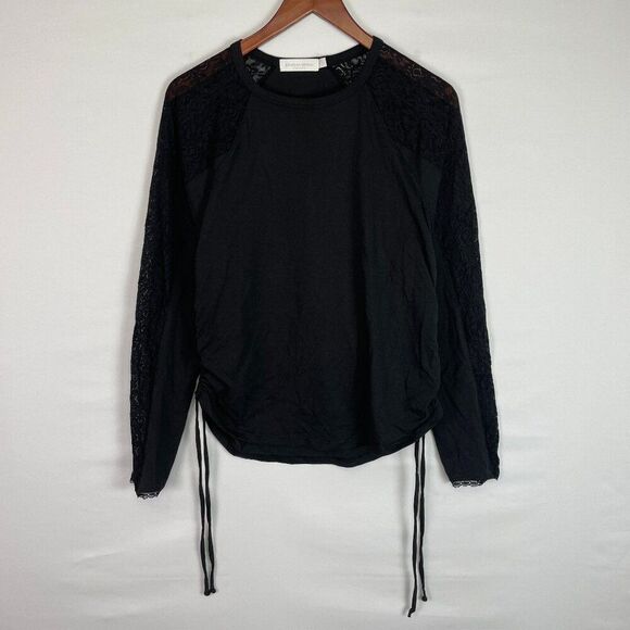 Jonathan Simkhai Long Sleeve Crew Neck Lace Side Cinched Cotton Top Black L - Picture 1 of 8